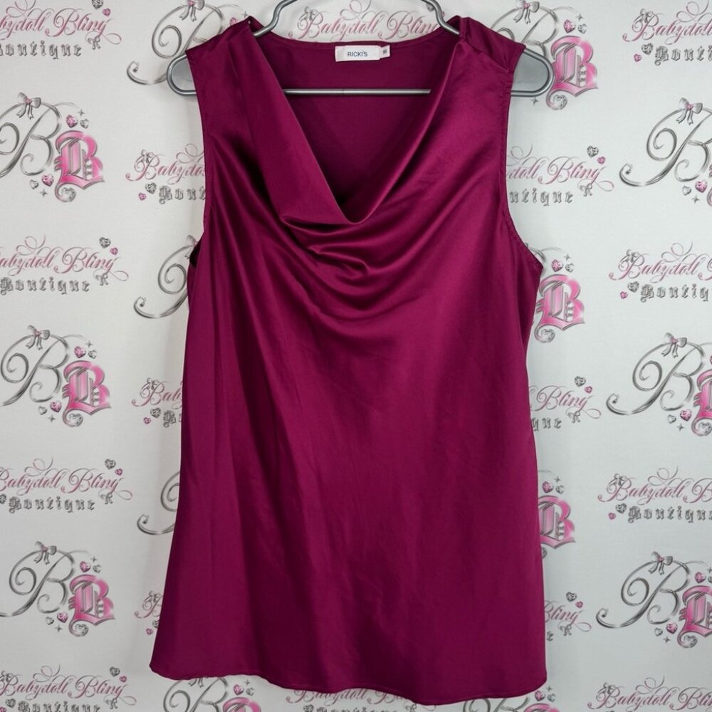 Ricki’s top tank shirt swoop neck shiny Rich Berry Sleeveless Drape Blouse